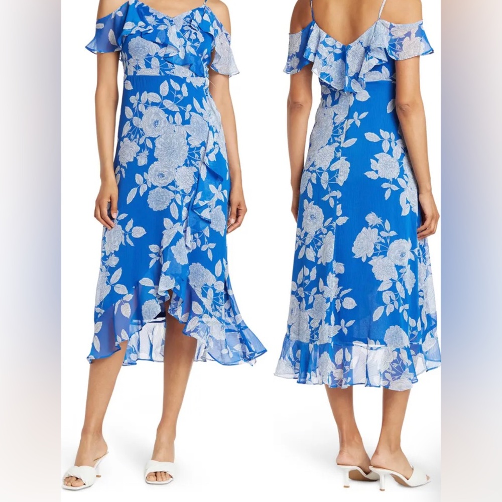 LONDON TIMES / size 12 : BLOOM FLORAL COLD SHOULDER RUFFLED CHIFFON DRESS